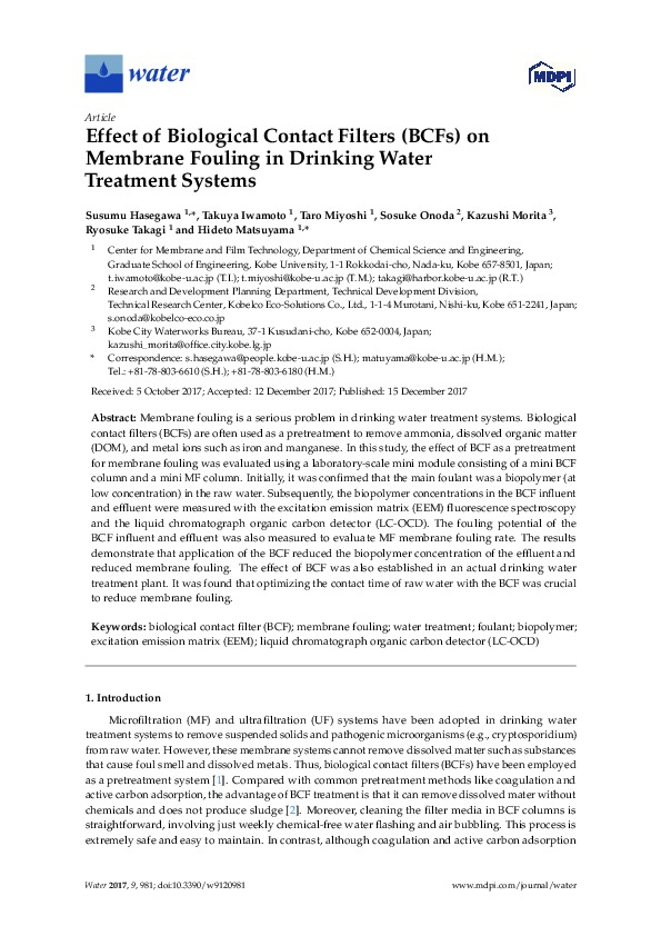 Effect of Biological Contact Filters (BCFs) on Membrane Fouling in Drinking Water Treatment Systems