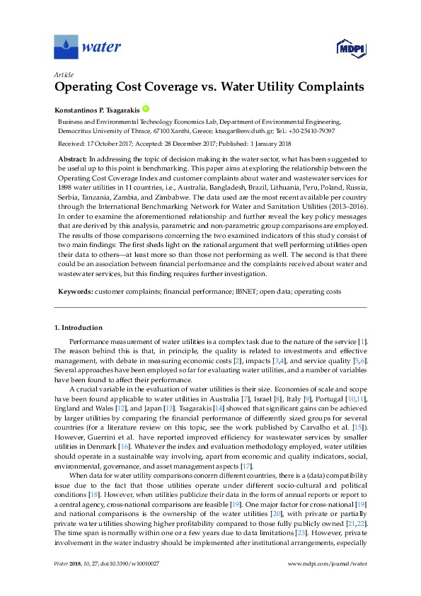 Operating Cost Coverage vs. Water Utility Complaints