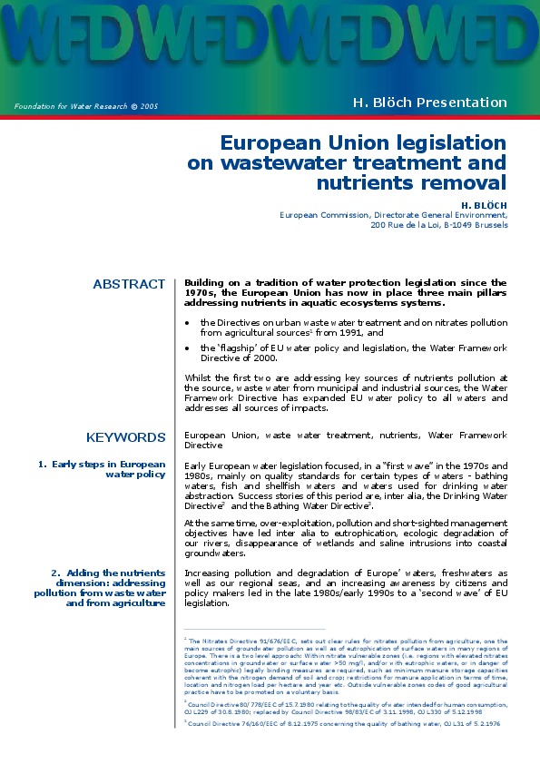 European Union legislation on wastewater treatment and nutrients removal