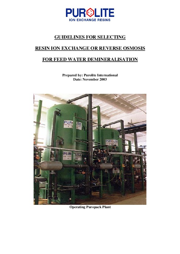 Guidelines for Selecting Resin Ion Exchange or Reverse Osmosis for Feed Water Demineralization