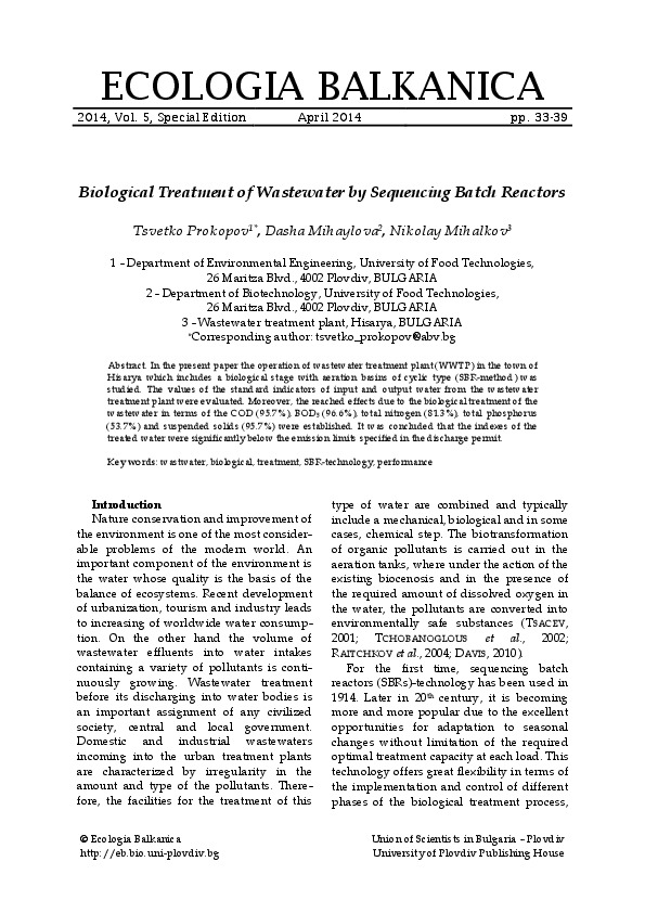 Biological Treatment of Wastewater by Sequencing Batch Reactors