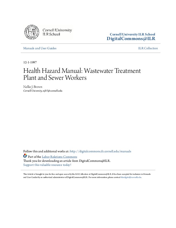 Health Hazard Manual: Wastewater Treatment Plant and Sewer Workers