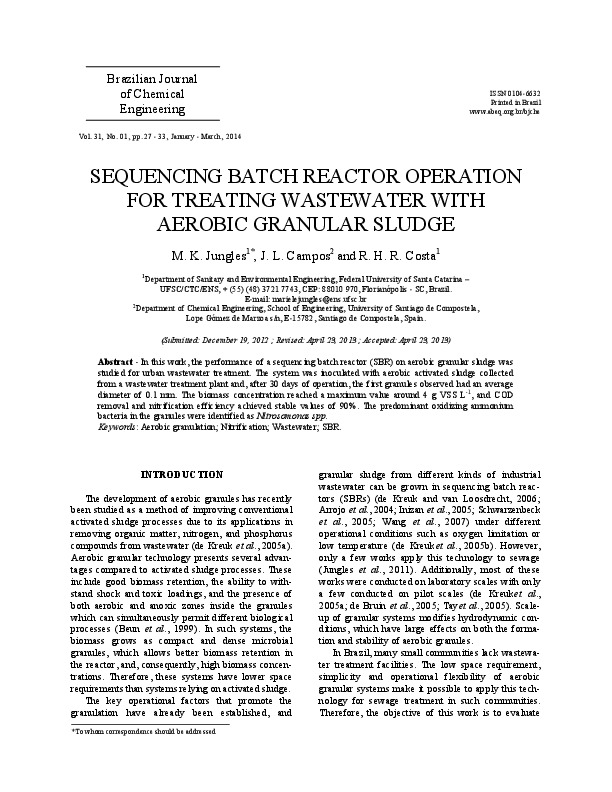 Sequencing Batch Reactor Operation for Treating Wastewater with Aerobic Granular Sludge